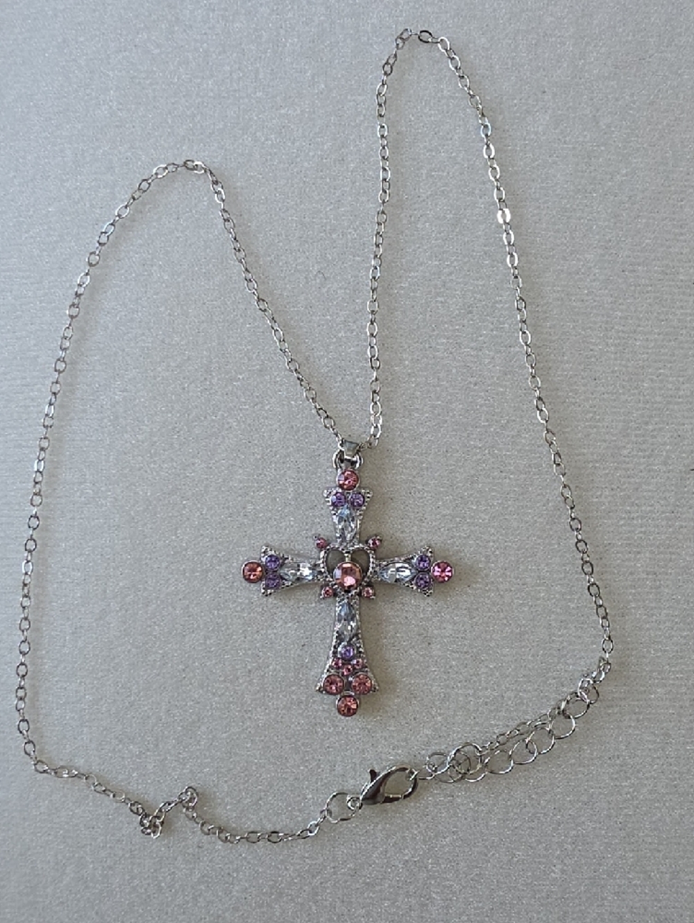 Cross Pendant Necklace with Pink and Purple Crystals - Picture 4 of 4